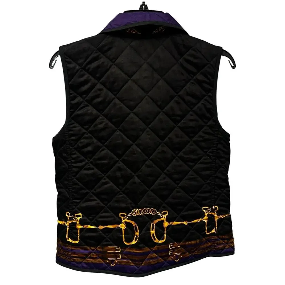 Lauren Ralph Lauren Black Purple Equine Reversible Quilted Zip Up Vest Small